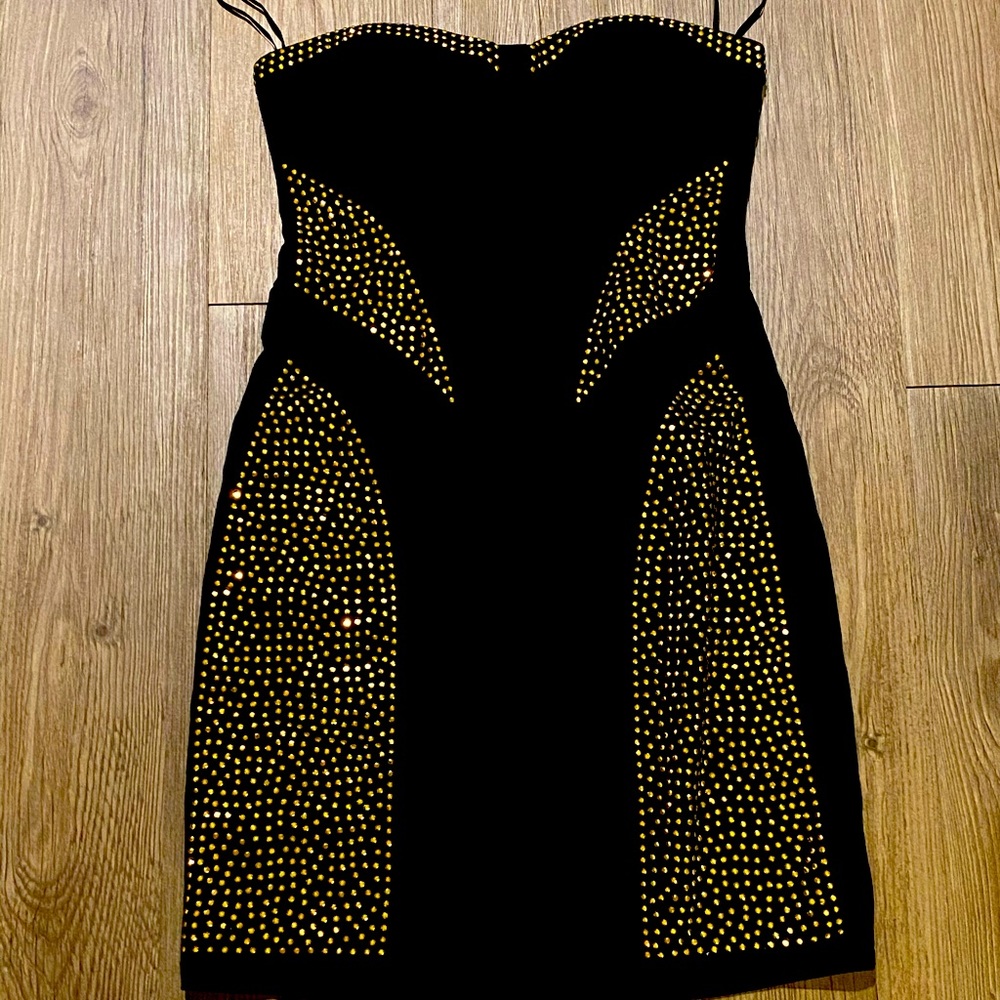 Size S — Gold studded black mini dress